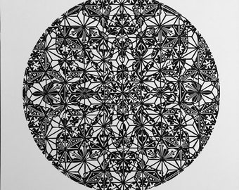 Sacred geometry linocut print with hidden sharks