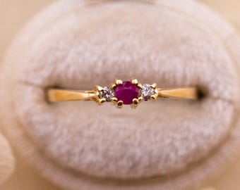 Anillo vintage de rubí y diamantes, oro de 10 quilates, talla 7