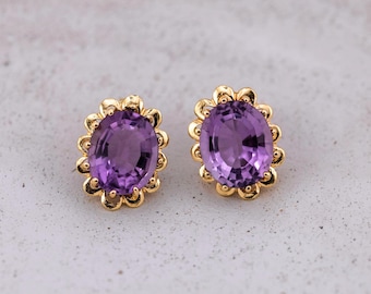 Vintage 14k Gold Amethyst Stud Earrings, Floral Design