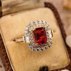 Vintage Ruby and Diamond Ring Emerald cut Lab grown Ruby double halo ring yellow gold, size 7