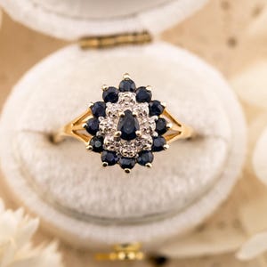 Vintage sapphire and diamond ring 14k solid gold statement or engagement ring floral inspired genuine antique ring vintage ring