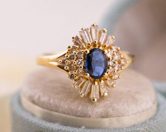 Natural Sapphire and Diamond Ballerina Halo Ring