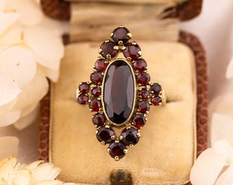 Vintage Garnet Ring 8k solid yellow gold marquise oval garnet halo ring January birthstone ring art deco ring, Size 8