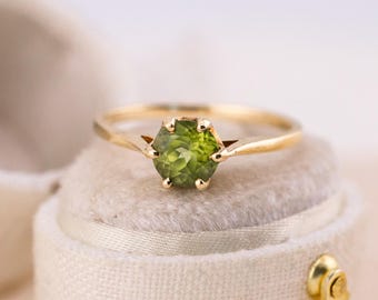 Anillo vintage de peridoto, oro amarillo macizo de 14k, piedra natal de agosto, talla 7