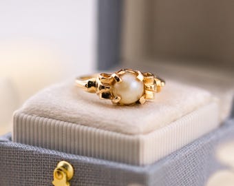 Anillo vintage de perlas, oro amarillo macizo de 14k, talla 5