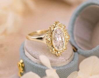 Anillo de compromiso Moval de 1,51 ct con halo floral - Roseta