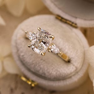 Cushion cut engagement ring three stone engagement ring lab grown diamond ring 2.5 carat 14k solid gold IGI certified lab grown diamonds