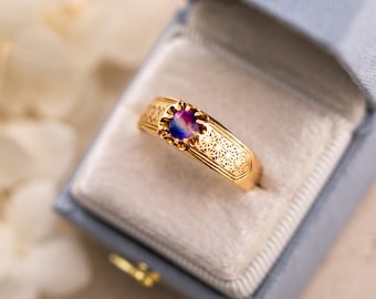 Anillo Belcher vintage floral de oro de 14k, gema roja, blanca y azul, talla 9.75