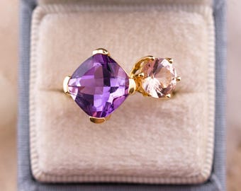 Vintage Toi Et Moi Ring Amethyst And Morganite 14k Solid Gold Antique Ring