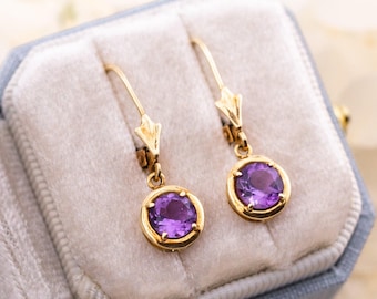 Vintage 14k Gold Amethyst Drop Earrings, Lever Back Drop Earrings