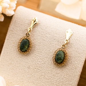 Vintage green agate earrings 14k solid yellow gold drop earrings filigree
