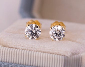 Lab Diamond Stud Earrings 14k Gold, Round Brilliant Solitaire Studs
