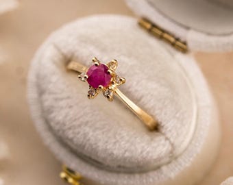 Vintage Ruby Diamond Ring, 10kt Gold Floral Ring, Size 6