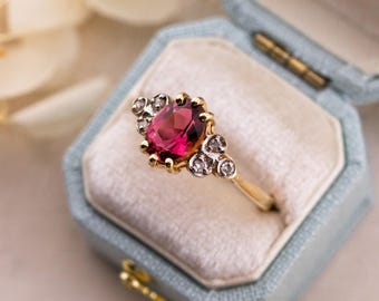Vintage Rhodolite Garnet Ring: Art Deco 10k Yellow Gold with Diamond Accents, Size 6.25