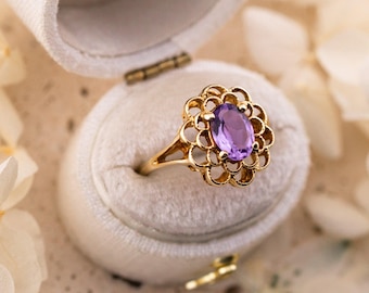 Vintage Filigree Amethyst Ring, 10k Yellow Gold, Size 6.25