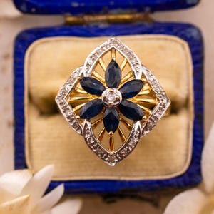 Vintage Sapphire and diamond ring marquise flower sapphire ring 14k solid yellow gold antique ring vintage ring, size 6.25