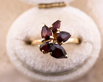 Vintage Garnet Flower Ring, 14k Solid Gold, January Birthstone, Size 3.5
