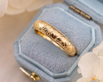 Anillo de boda con hojas de oro, anillo de boda vintage inspirado en la naturaleza, anillo de oro amarillo macizo de 14k de 4 mm, talla 6