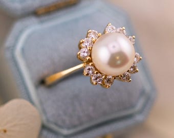 Vintage Pearl Diamond 14k Yellow Gold Ring, Size 5