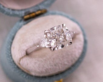 3.32ct Cushion Cut Lab Diamond Three Stone Ring with Trillion Side Stones