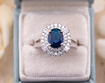 Anillo vintage ovalado de zafiro, plata de ley con halo de diamantes, talla 7