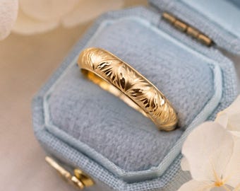 Gold leaf wedding band vintage wedding band nature inspired 4mm solid 14k yellow gold band, size 6