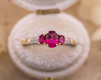 Vintage 14k Gold Rubellite and Diamond Three Stone Ring, Size 9