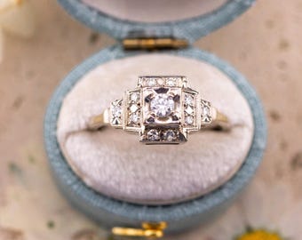 Anillo de compromiso vintage Art Déco con diamantes, oro blanco de 14k, talla 8.75