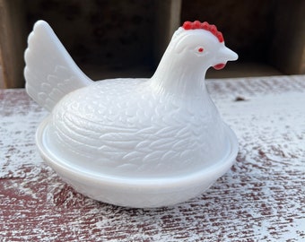 Miniature Milk Glass Hen on Nest Dish - Hocking Glass