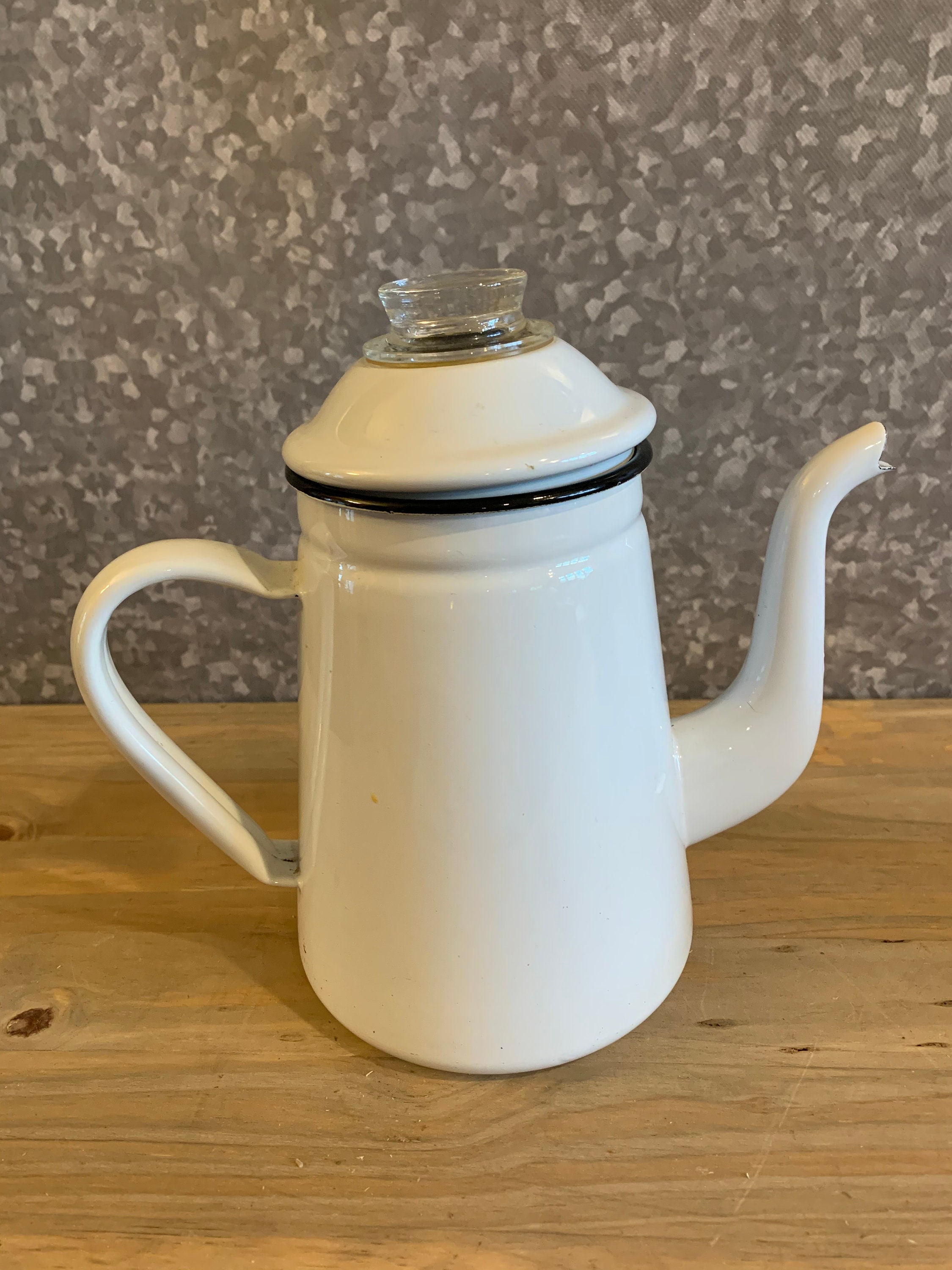 White Enamel Coffee Pot / Glass Knob Lid Vintage Etsy