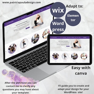 Puede incluir: Un portátil y una tableta muestran un diseño de sitio web para un estudio de yoga. El sitio web se titula "ESPAIKASSANA TL MEU ESPA". El sitio web está diseñado para adaptarse fácilmente a las plataformas Wix, Wordpress y Elementor. El texto "Fácil con Canva" se muestra debajo de la tableta.