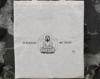 Boeddha Tote Bag, In Boeddha We Trust Tote Bag, Pixel Art Tote Bag, Schoudertas, Katoenen Canvas Tote Bag