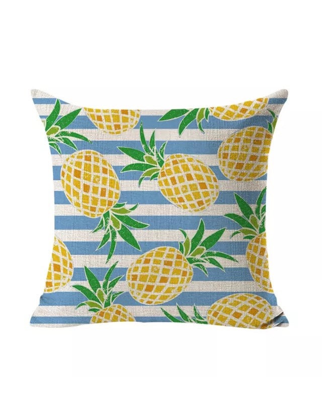 Housse Coussin Ananas Tropicaux Fond Bleu Rayé 45 X cm en Lin