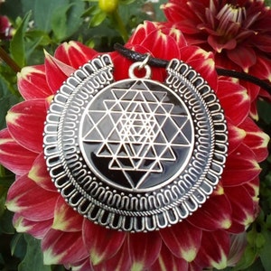 May include: A silver pendant with a black Sri Yantra design, surrounded by a decorative border. The pendant is hanging from a black cord and is resting on a red and white flower.