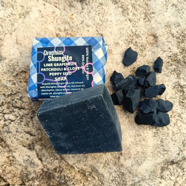 SHUNGITE SOAP HANDMADE Organic Essential Oils Blend of Lime, Grapefruit, Sweet Orange, Patchouli and Clove. Zesty Delicious Eruptions!