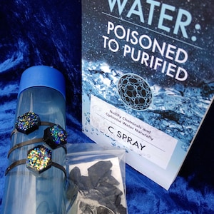 SHUNGITE 'ESSENTIALS' KITS: 3 Emf Stickers, Grounding patches, Book or 50gm Shungite Stones,  3 water toggles + Book