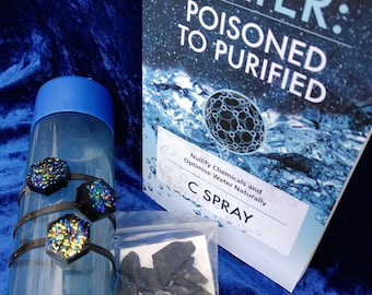 SHUNGITE 'ESSENTIALS' KITS: 3 Emf Stickers, Grounding patches, Book or 50gm Shungite Stones,  3 water toggles + Book