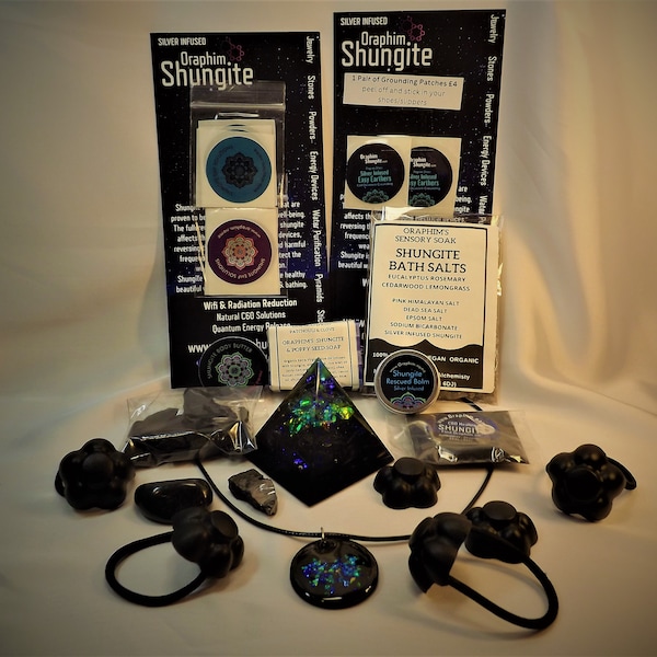 DELUXE SHUNGITE KIT: Pendant & pyramid, Cell Phone Stickers, Stones, Magnets, Powder, Soap, Balm + More!