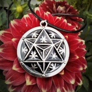May include: A silver pendant necklace with a black and white geometric design. The pendant features a star within a circle, with a black background and white star shapes.