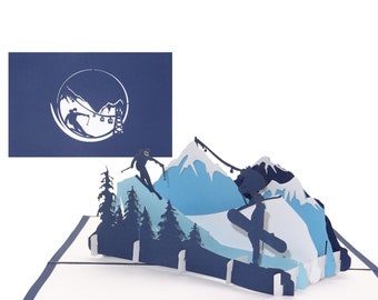 Pop-Up Karte "Ski & Snowboard" 3D Geburtstagskarte Ski und Berge -  Geschenkgutschein, Gutschein Ski Urlaub und Einladung zum Skifahren