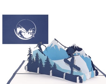 Carte Pop-Up "Ski & Snowboard" Carte d'anniversaire 3D Ski et Montagnes - Chèque Cadeau, Chèque Vacances au Ski et Invitation au Ski