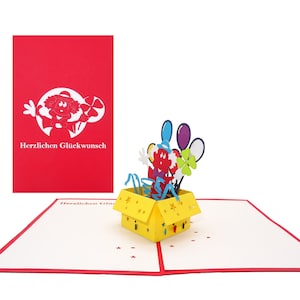 Carte pop-up "Clown & ballons colorés" - carte d'anniversaire 3D amusante pour enfants - carte d'invitation, carte de félicitations et bon d'achat
