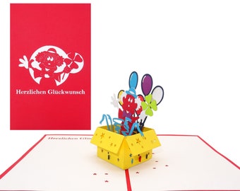 Biglietto pop-up "Clown e palloncini colorati" - divertente biglietto di compleanno 3D per bambini - biglietto d'invito, biglietto di congratulazioni e buono