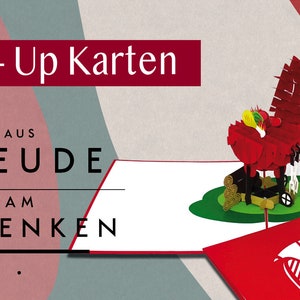 Puede incluir: Una tarjeta roja pop-up con una barbacoa 3D y comida. La tarjeta dice "Pop-Up Karten aus Freude am Schenken".