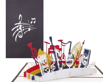 3D Pop Up Card "Orchestra - Musical Instruments" - Birthday Card Music, Gift Voucher Instrument, Voucher Card 3D