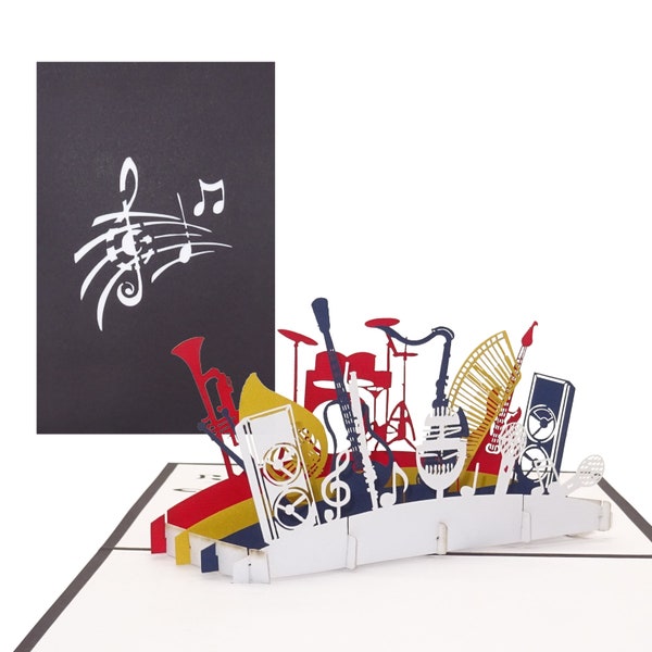 3D Pop Up Karte "Orchester - Musikinstrumente" - Geburtstagskarte Musik, Geschenkgutschein Instrument, Gutscheinkarte 3D