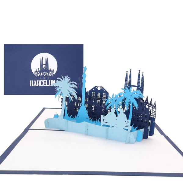 Pop Up Karte „Barcelona - Panorama mit Sagrada Familia“ - 3D Grußkarte, Souvenir, Einladung, Geschenk & Reisegutschein zum Spanien Urlaub