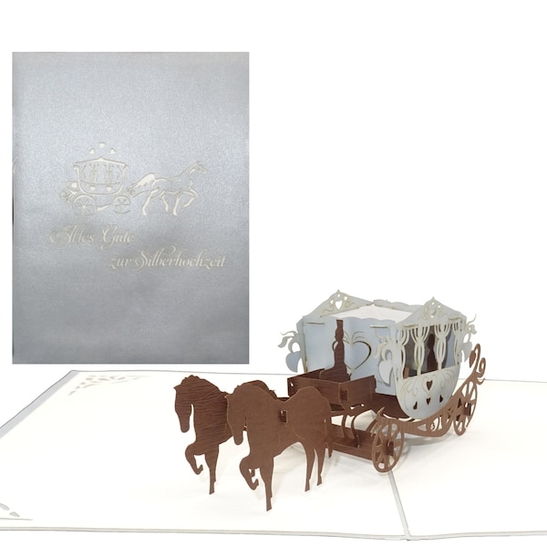 3D pop-up kaart "Koets - Happy Silver Wedding Anniversary" Zilveren trouwkaart Gefeliciteerd kaart Zilveren huwelijkscadeau Cadeaubon