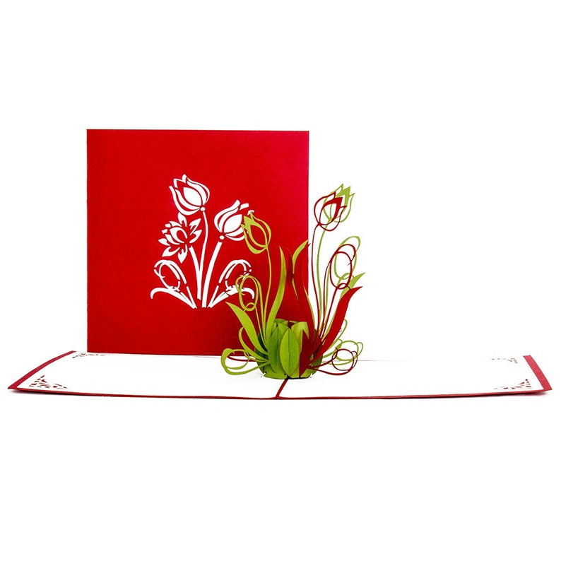 Carte pop-up "Tulipes" Carte de fleurs vertes et rouges Carte de Pâques Carte d'anniversaire Carte d'invitation 3D Carte d'anniversaire Carte d'argent Cadeau image 2
