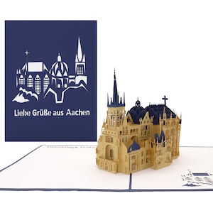 Carte pop-up "Cathédrale d'Aix-la-Chapelle - Salutations d'Aix-la-Chapelle" avec modèle en papier 3D de la Cathédrale d'Aix-la-Chapelle - carte de vœux, bon, souvenir